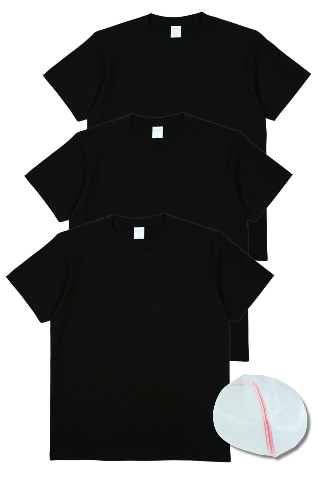 [ＵＮＣＨＡＩＮ] Tシャツ メンズ 厚手 綿100％ 半袖 クルーネック 無地 白 黒 ヘビーウェイト ３枚組 洗濯ネット付き (Ｍ， ブラック) [ブラック] [M]