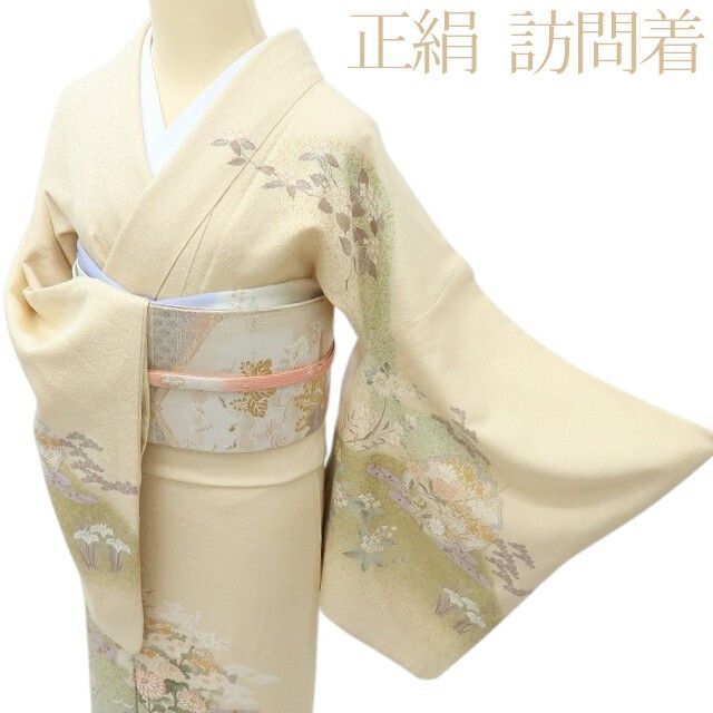 4120】着物 袷 正絹 付下げ訪問着 薄緑 雪輪 たんぽぽ 良品 小さめ