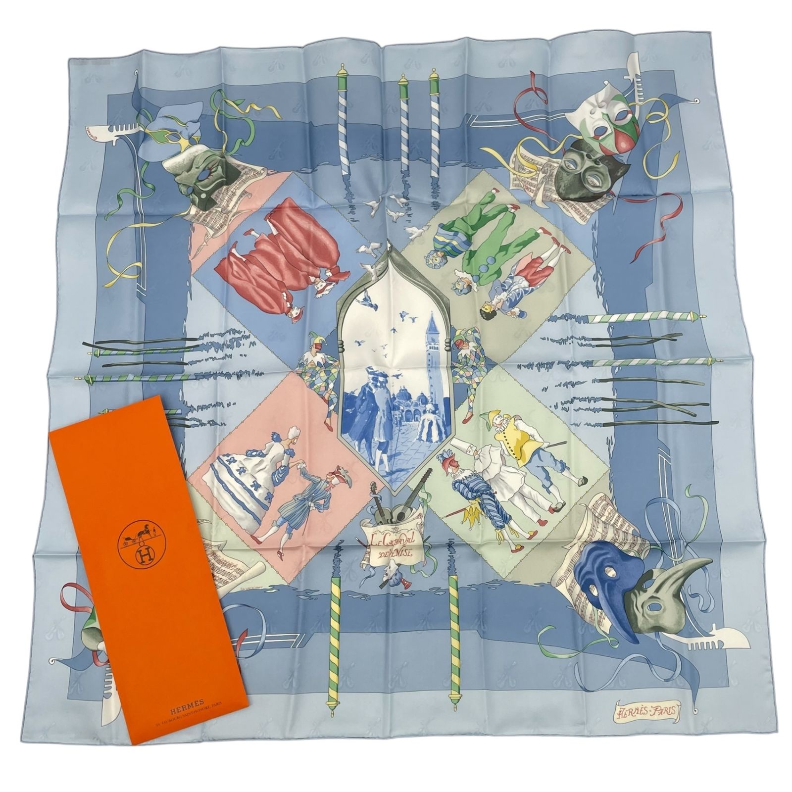 【箱あり】HERMESエルメスカレ　ベニスの舟祭りシルク100ブルーゴールド 箱あり】HERMESエルメスカレ ベニスの舟祭りシルク100ブルーゴールド