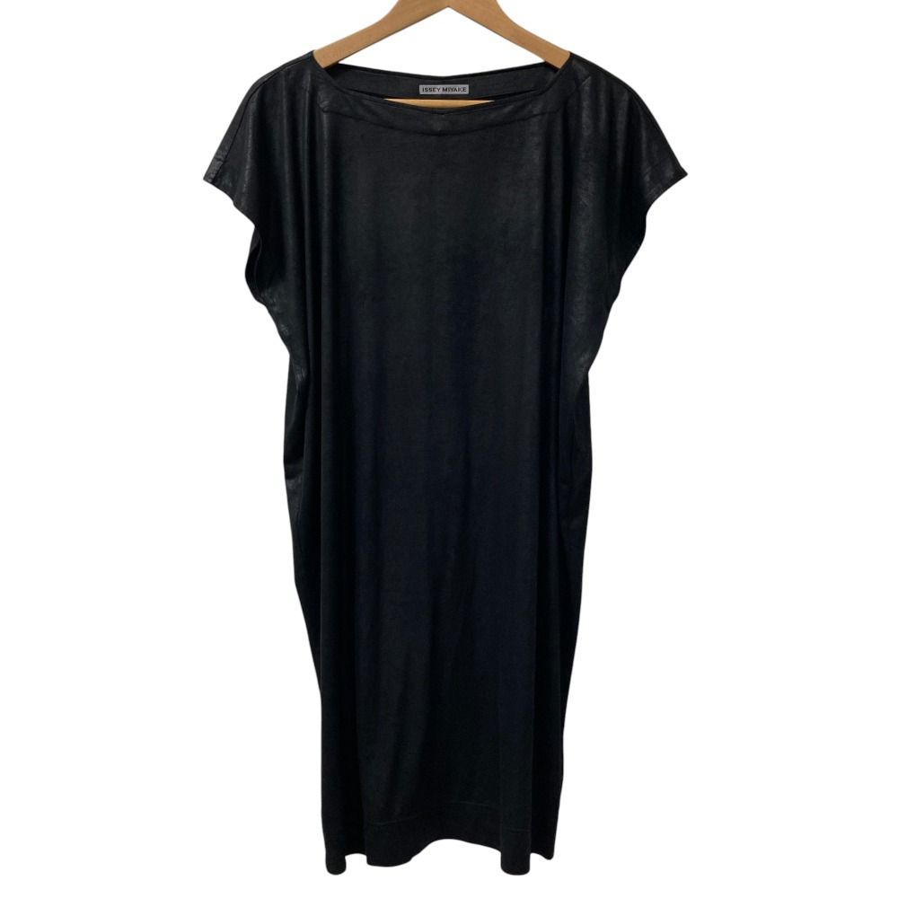 美品 ISSEY MIYAKE イッセイミヤケ レザーライク フレンチスリーブ カットワンピース IM53JH002 サイズ2 ブラック レディース 古着  USED