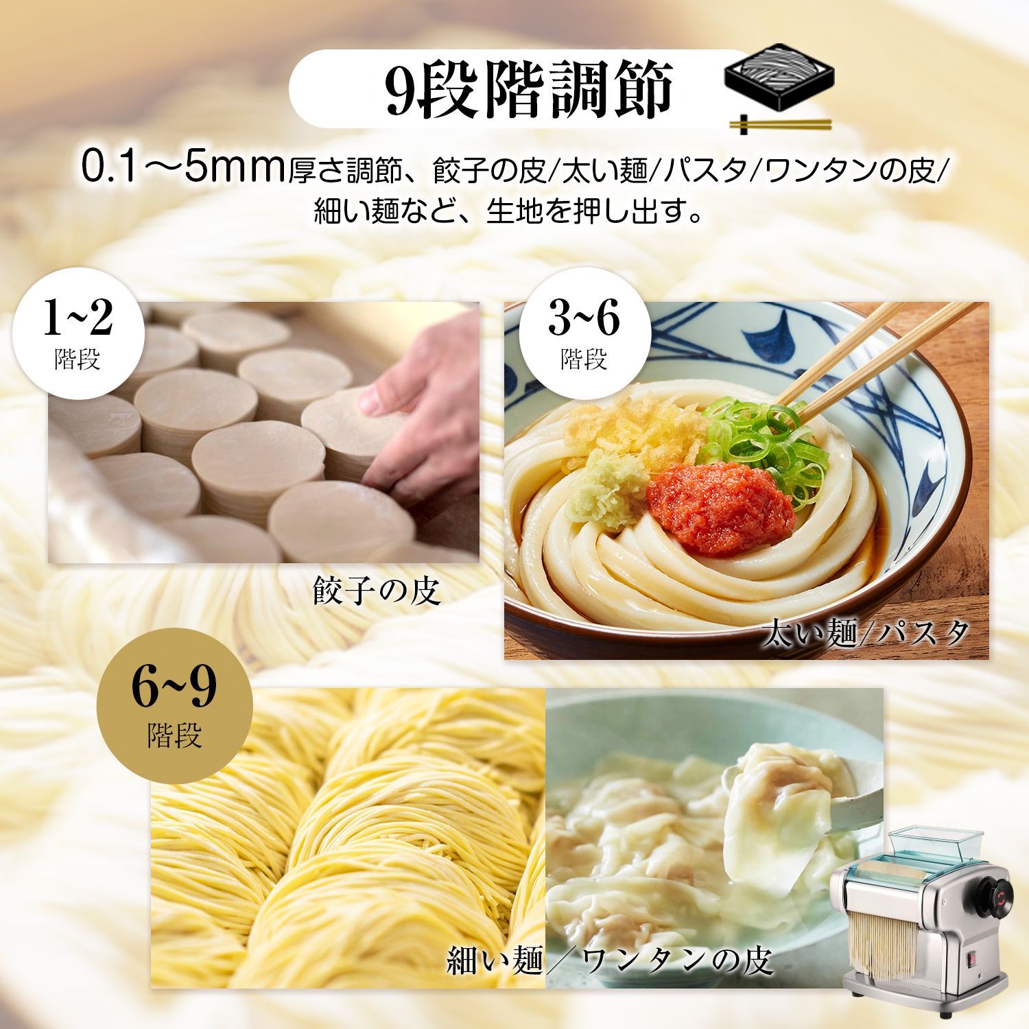 Kurflo 電動パスタマシン 製麺機 全自動パスタメーカー 9段階厚さ調節 