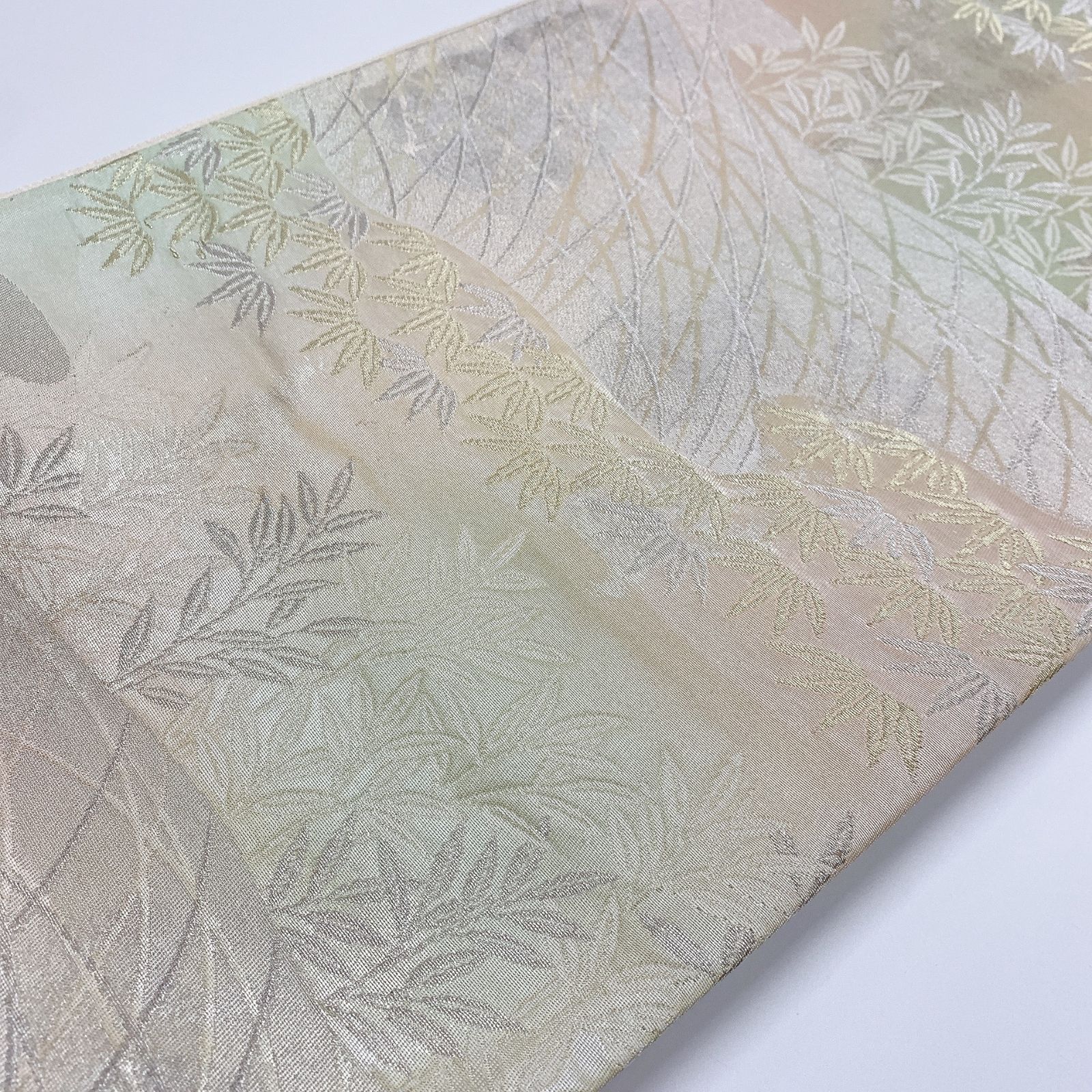 5979］袋帯 枝葉笹竹文様 金銀糸 六通 シルバー 正絹 着物 フォーマル