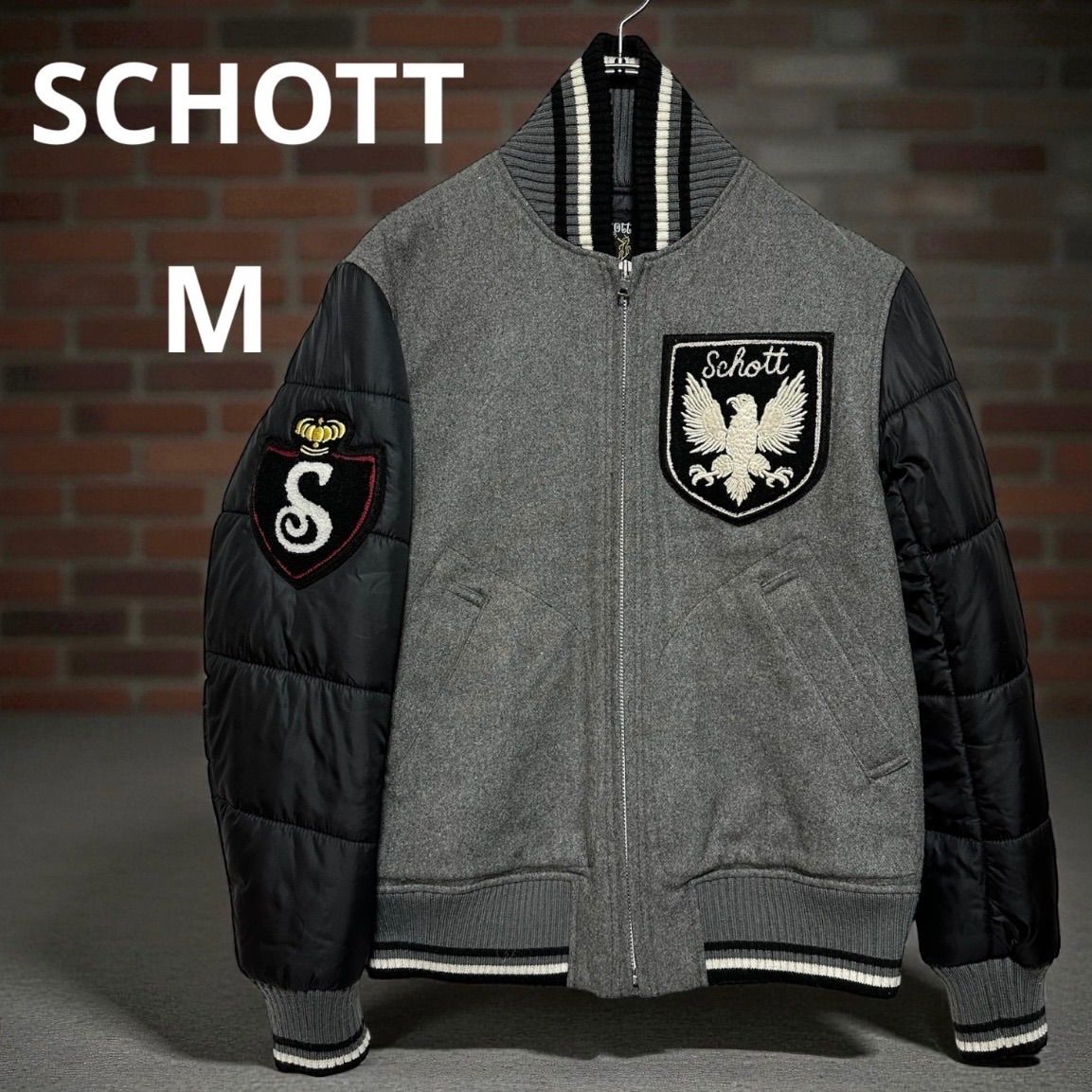 SKOOKUM メルトン スタジャン ウール切替 袖ライン 配色リブ グレー M