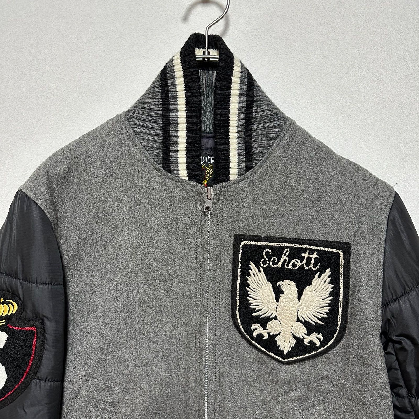 美品✨ SCHOTT ショット スタジャン ウール 刺繍 キルティング SCHOTT ショット スタジャン M グレー×ブラック 切替 メルトン