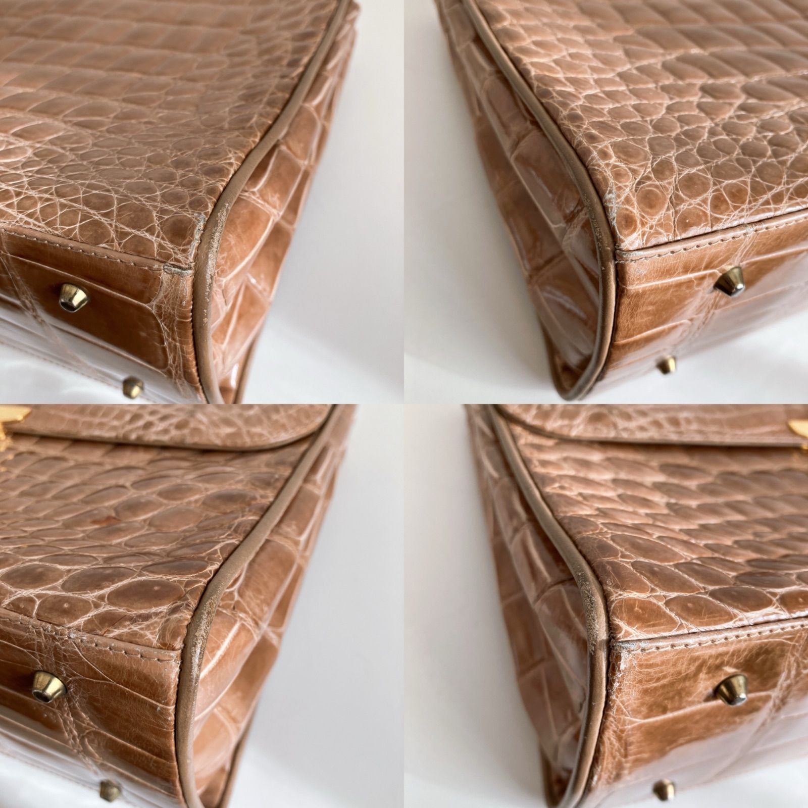 クロコダイル風ハンドバッグ ベージュ エナメル加工 専用の鏡付き