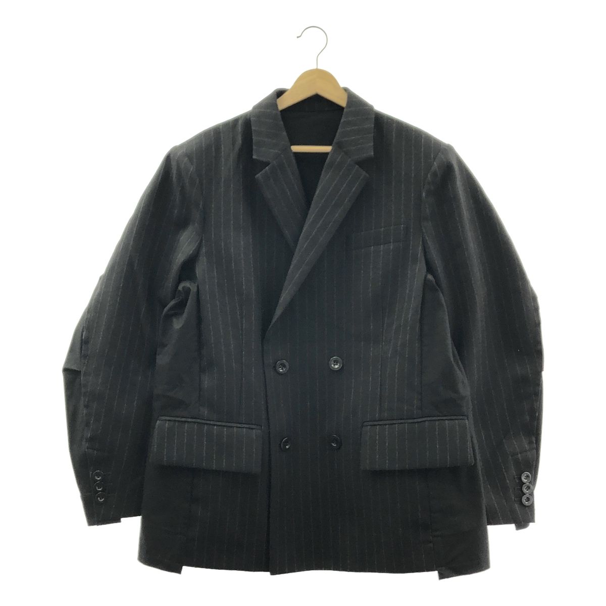 sacai / サカイ | 2024AW | Chalk Stripe x Rip Stop Jacket チョーク ストライプ 切替 リップストップ テーラード ジャケット | 1 | ブラック | メンズ sacai / サカイ | 2024AW | Chalk Stripe x Rip Stop Jacket チョーク
