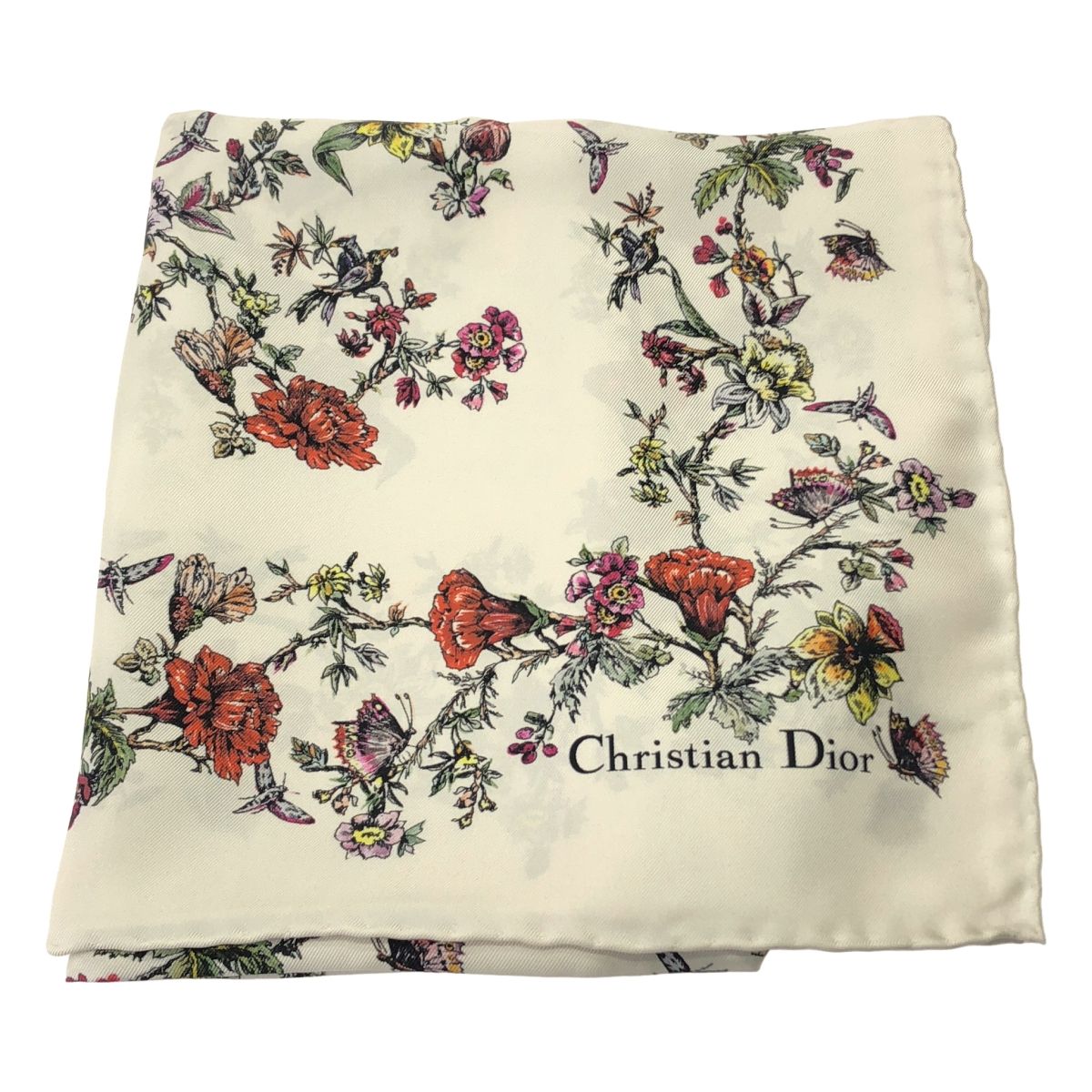 【美品】  Christian Dior / クリスチャンディオール | シルク フラワー バタフライ 総柄 スカーフ | ホワイト 美品】 Christian Dior / クリスチャンディオール | シルク フラワー