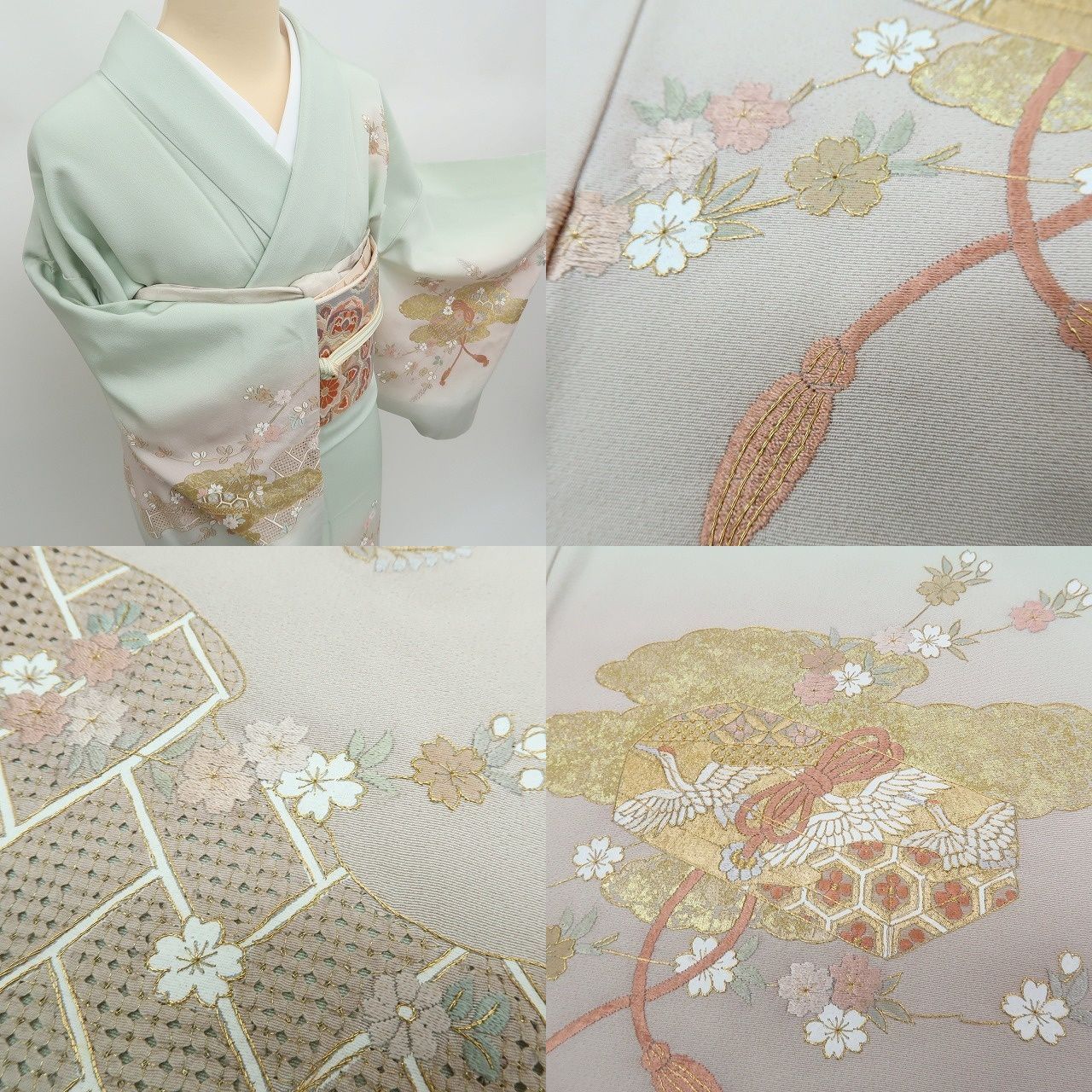 ✾まめ藤✾m2380＊正絹 金駒刺繡 スワトウ刺繡 鶴 桜 Sサイズ 手縫い