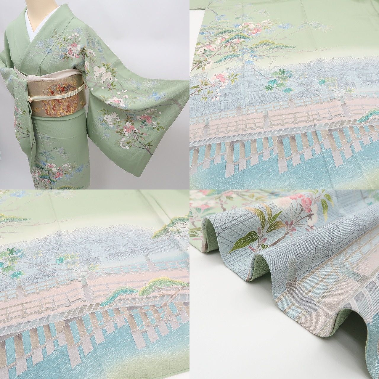 ✾まめ藤✾m2382＊美品 正絹 手描き友禅 作家物落款 宇治橋 紅葉 松