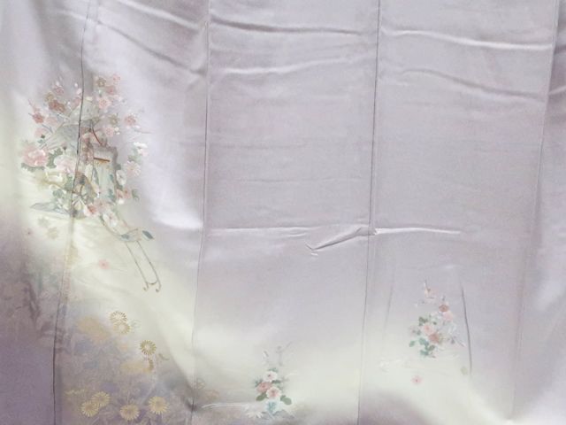 【一輝堂】付下げ スワトウ刺繍 花 御所車 暈し 正絹 着物 美品 身丈約169.5cm 裄丈約68cm 25z11-6197