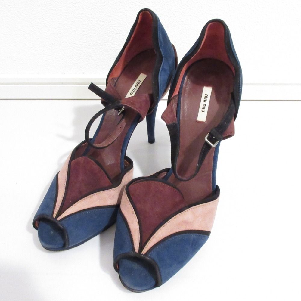 良品 miumiu ミュウミュウ スウェード 配色 ストラップ付 ハイヒール