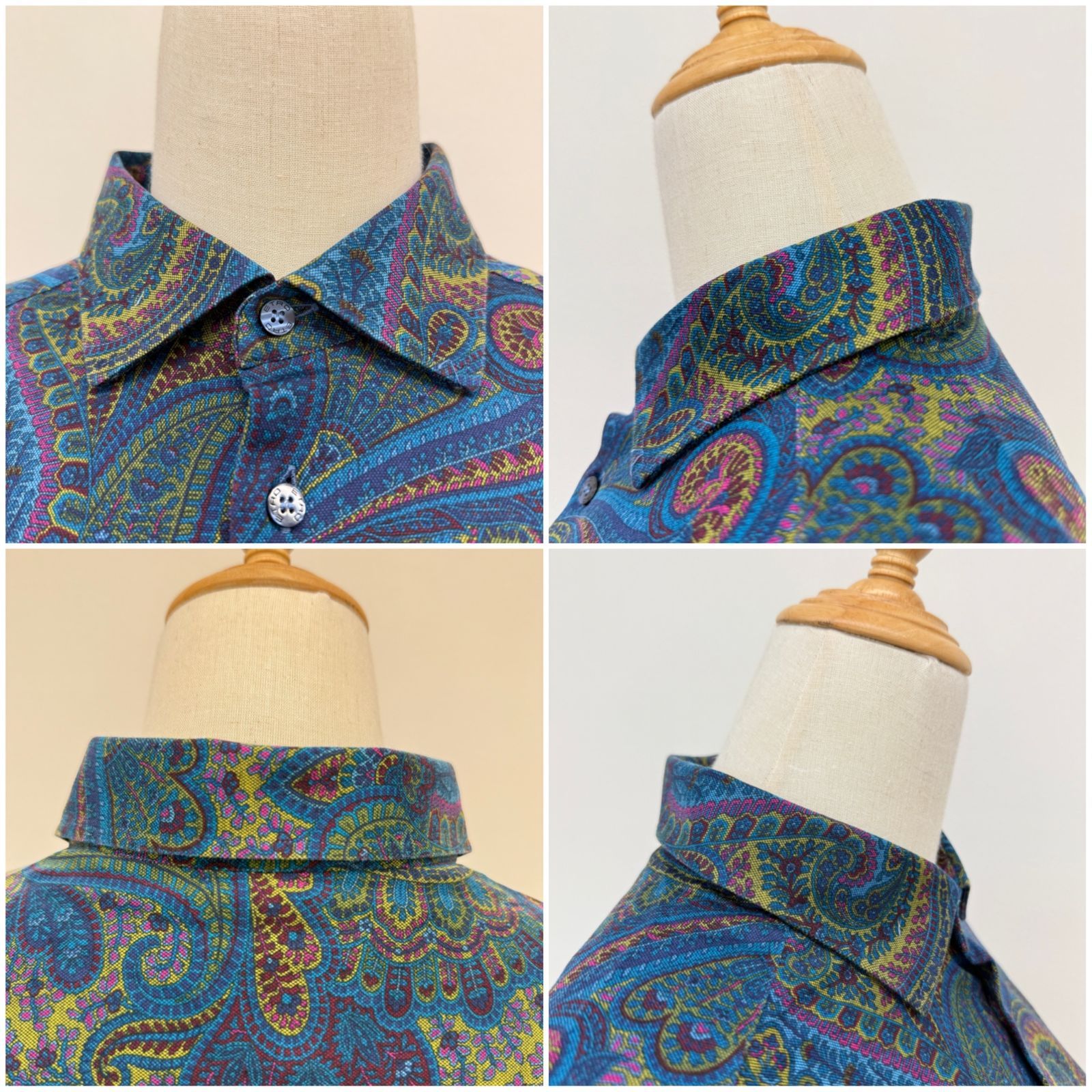 鑑定済み 】エトロ コットンシャツ 44 ブルー グリーン ピンク