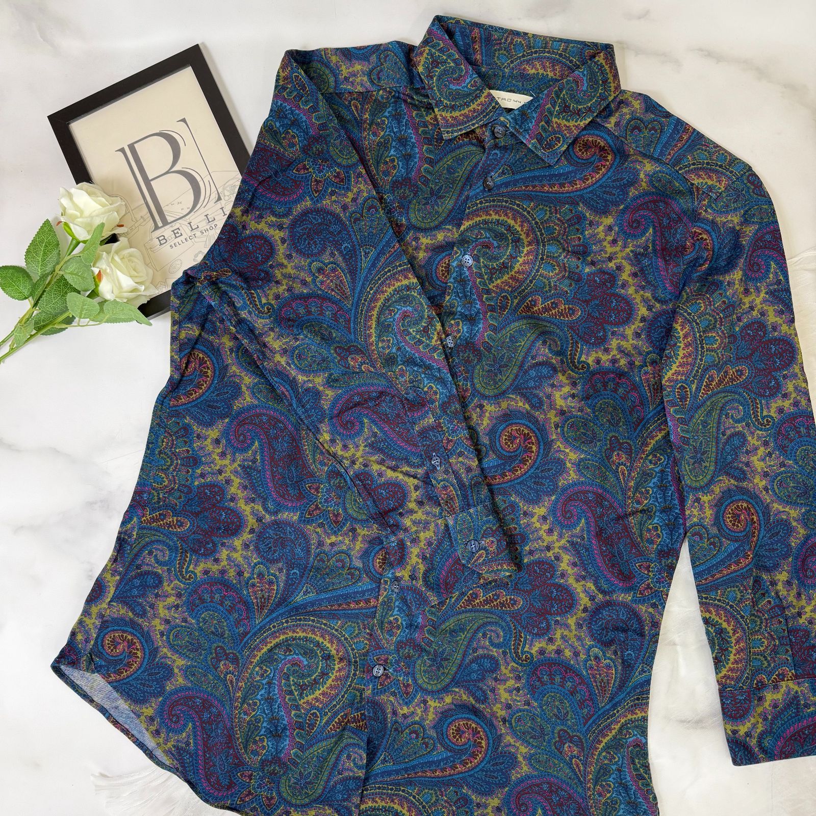 鑑定済み 】エトロ コットンシャツ 44 ブルー グリーン ピンク