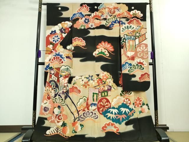 平和屋着物□極上 アンティーク 大正ロマン 振袖 駒刺繍 几帳菊葉文 黒地