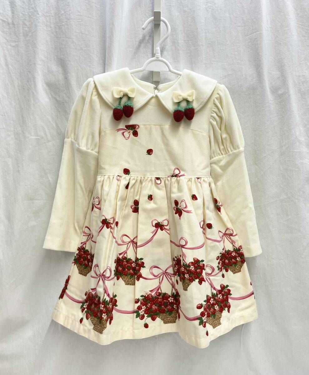 Shirley Temple シャーリーテンプル イチゴ柄 ワンピース オフホワイト リボン いちご ポケット有 110cm ファスナー 日本製 