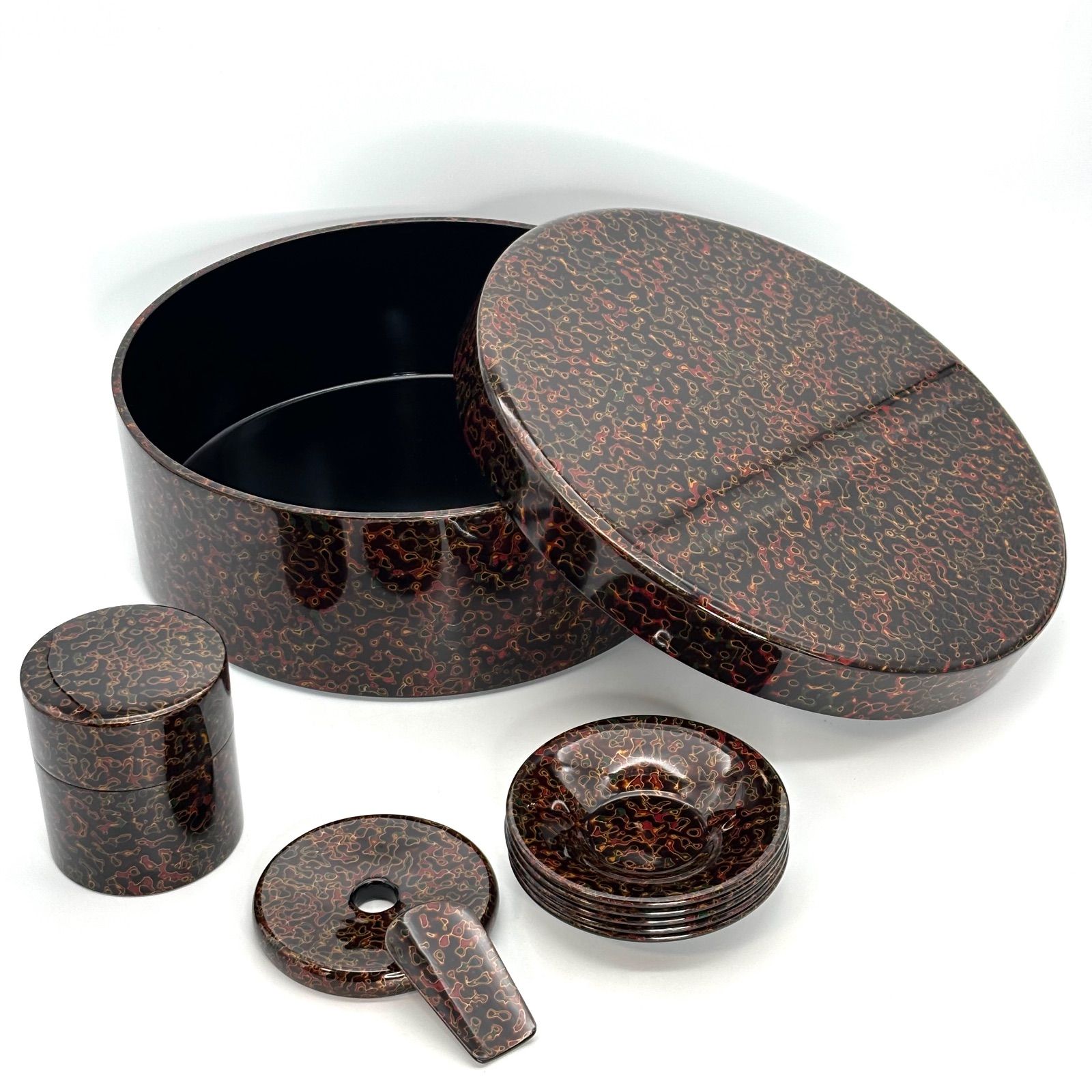 津軽塗】唐塗（呂）茶びつ セット / 茶ひつ•茶筒•茶匙（各1） 茶托（5