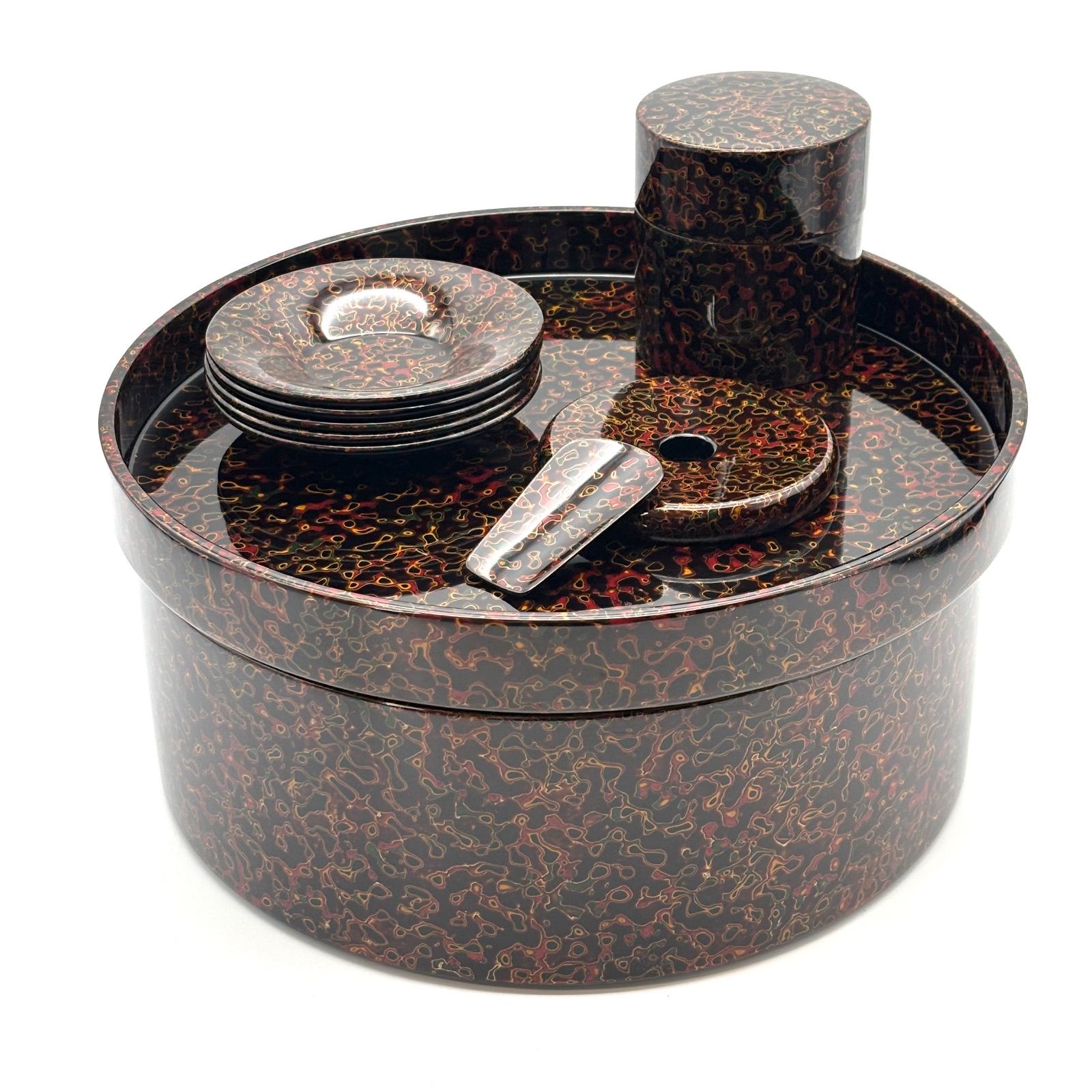 津軽塗】唐塗（呂）茶びつ セット / 茶ひつ•茶筒•茶匙（各1） 茶托（5