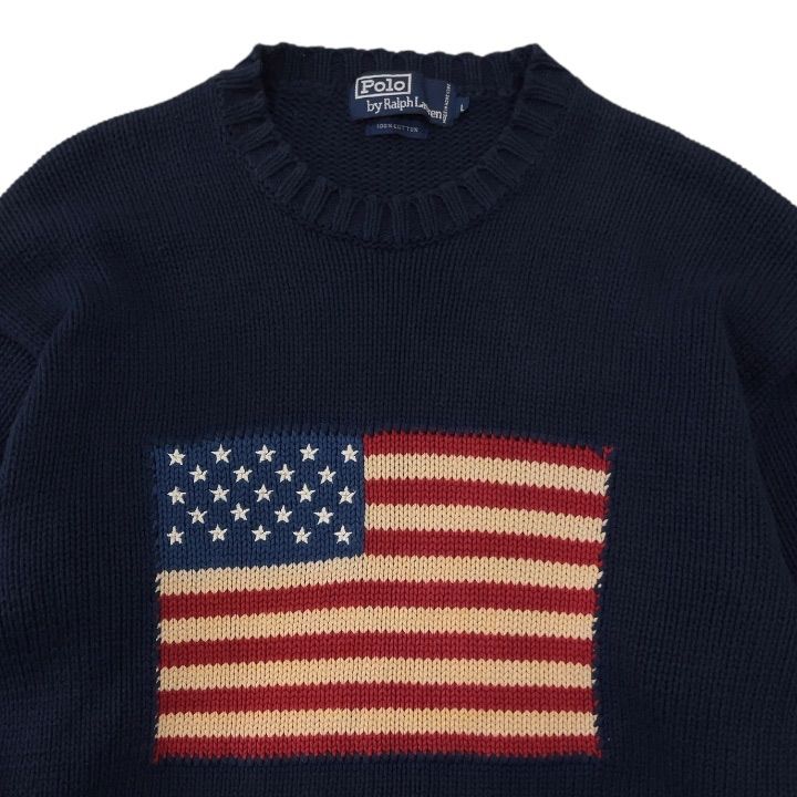 90s ポロバイラルフローレン コットンニット 星条旗 日本製 ネイビー XL 雰囲気系ダメージ 90年代 90s Ralph Lauren ラルフローレン 星条旗