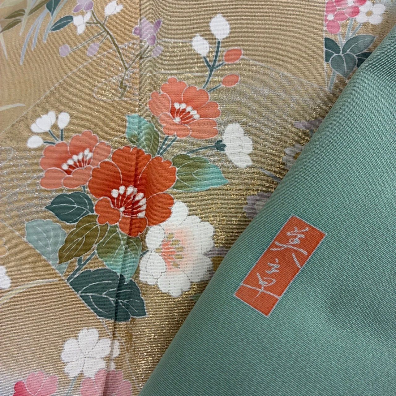 付け下げ 訪問着 金彩 ラインストーン 紋意匠 モダン 正絹 躾糸付き X308 付け下げ 螺鈿 金彩 紋意匠 桑染色 正絹 反物 J-257 ファッション 付け