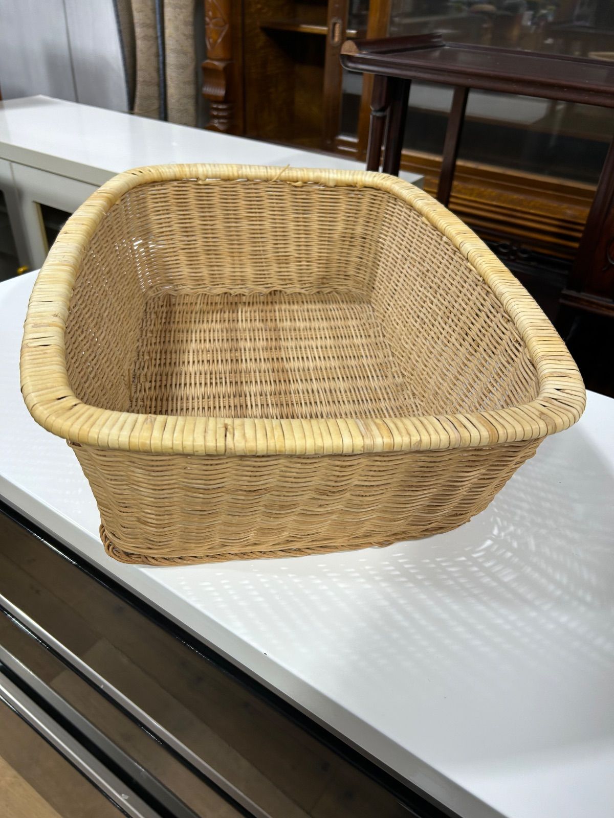 バスケット カゴ 藤 木製ビーズ の 取っ手 レトロ 古道具 バスケット