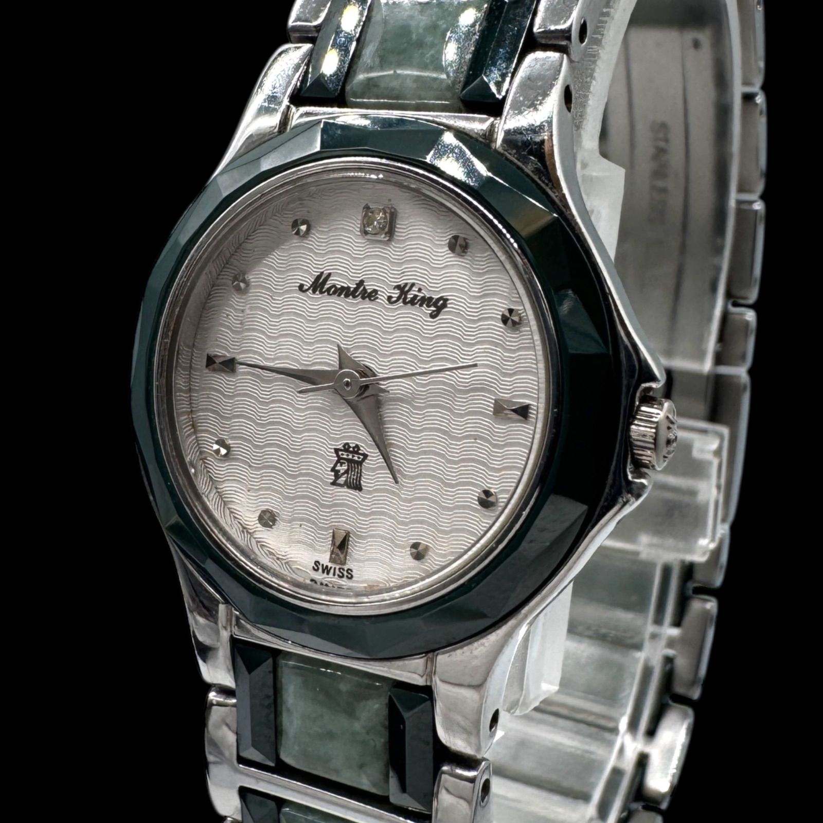 美品 Montre King モンテキング 腕時計 電池交換済 ダイヤ ステン 新品電池稼働 希少 Montre King モンテキング 翡翠 サファイア