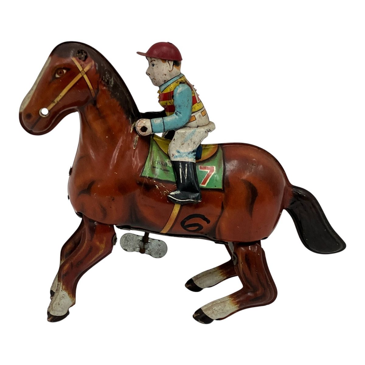 フリンジ付き馬フィギュア HAJI ハジ 乗馬 スタイル ブリキ ゼンマイ ブリキ玩具 当時もの