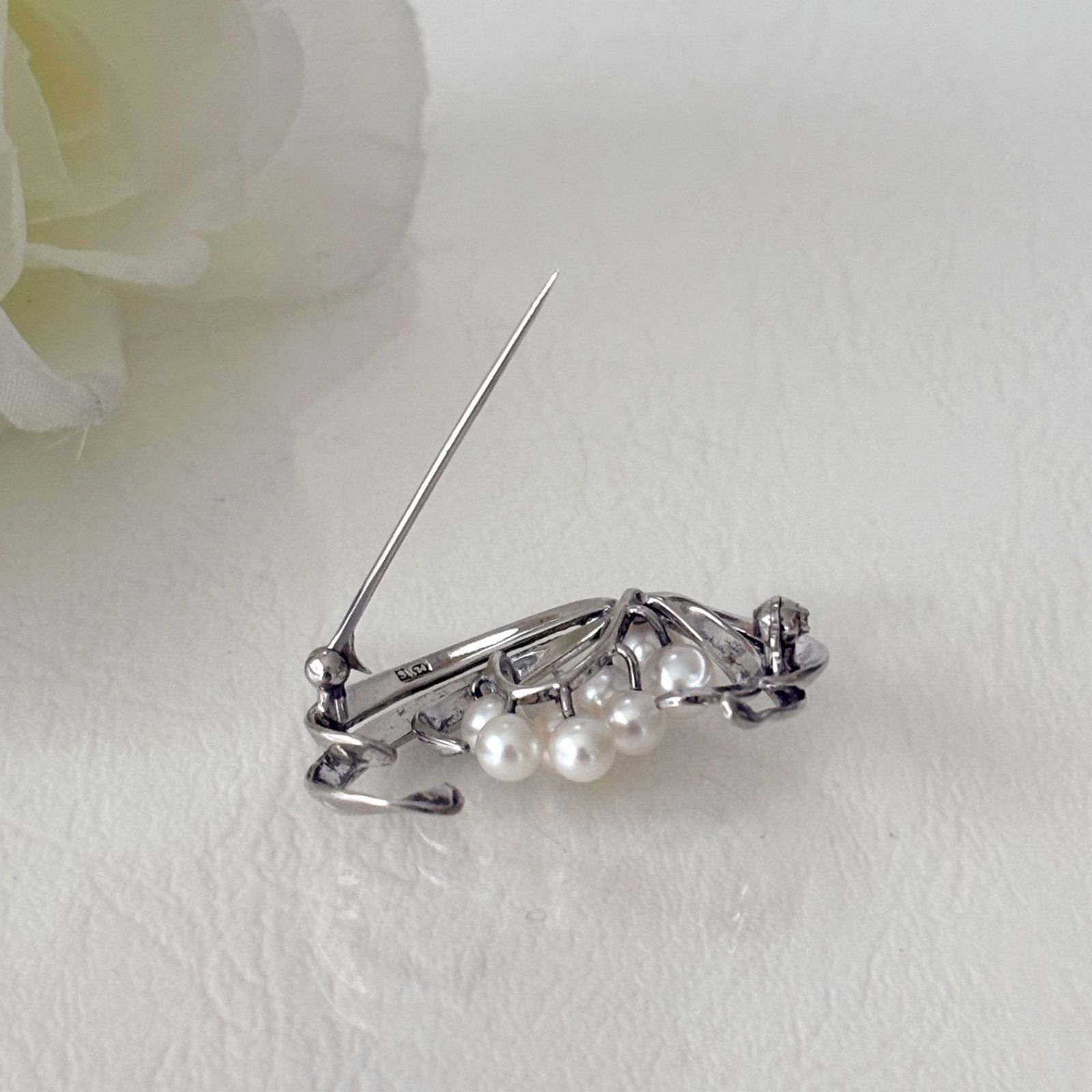 ☆美品☆ミキモト　シルバー　パール　ブローチ MIKIMOTO ミキモト ブローチ パール 真珠 5.5-7.6mm リボン ブーケ
