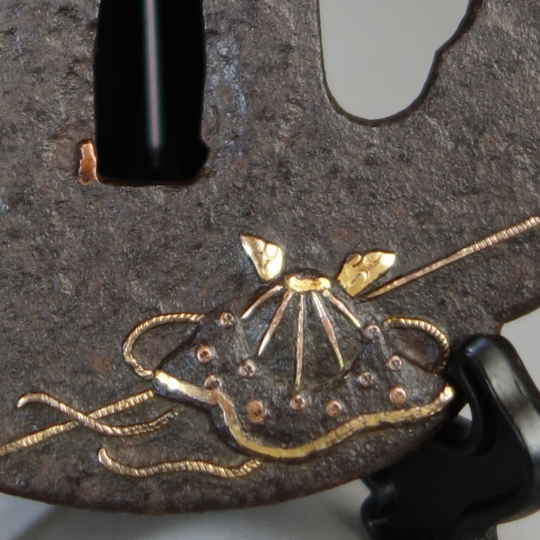 鍔 【 鉄地 象嵌 合戦道具図鍔 】 日本刀 刀装具 鐔 骨董 古美術