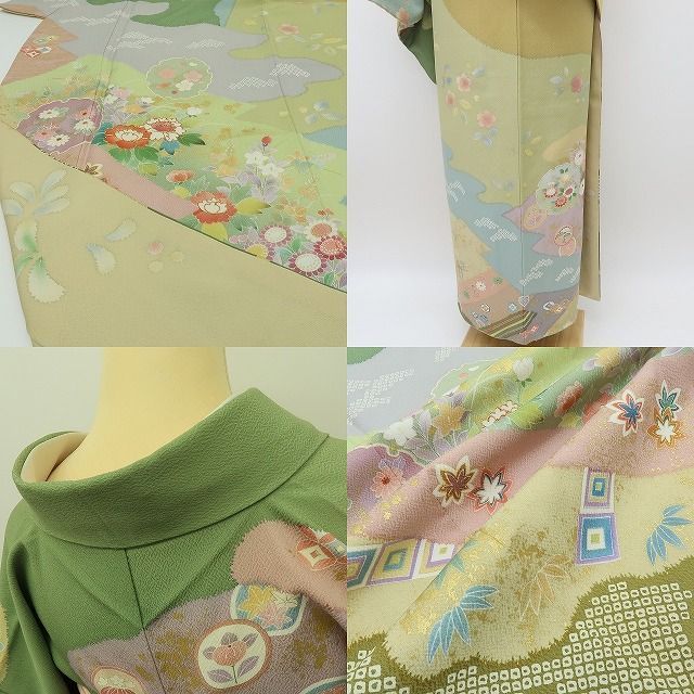 ☆専用☆美品 金駒刺繡 作家物落款 着物“菊や橘、松竹梅”訪問着 L-91 百華❀Y3967◇正絹 金駒刺繍 手縫い仕立て 松竹梅 桜 橘 訪問着 着物