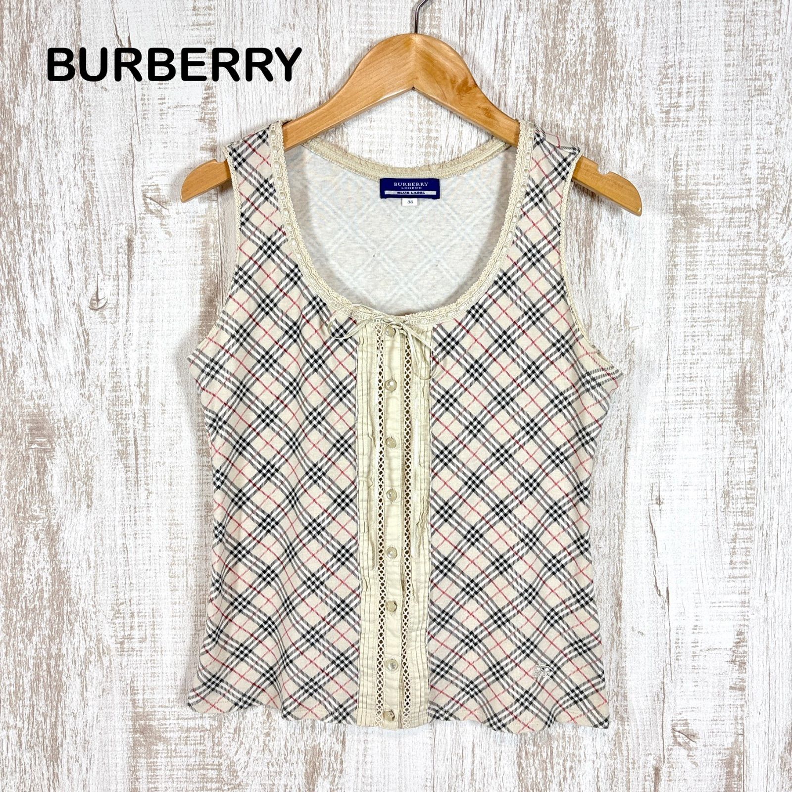 BURBERRY BLUE LABEL バーバリーブルーレーベル ホースロゴ刺繍 ノバチェック フロントリボン レース ノースリーブ トップス タンク バーバリー　ブルーレーベルタンクトップ　ノースリーブ