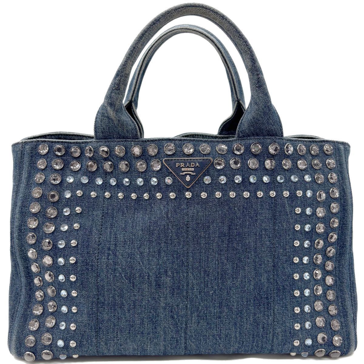 中古】 プラダ バッグ カナパ M デニム ビジュー ハンドバッグ