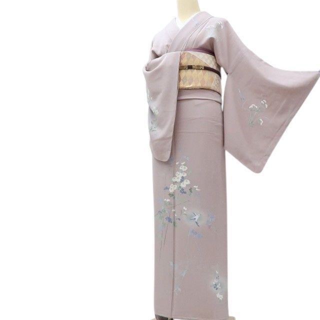 百華❀Y4044◇正絹 仕付け糸付 手縫い仕立て 菊 桔梗 鳥 訪問着 単品