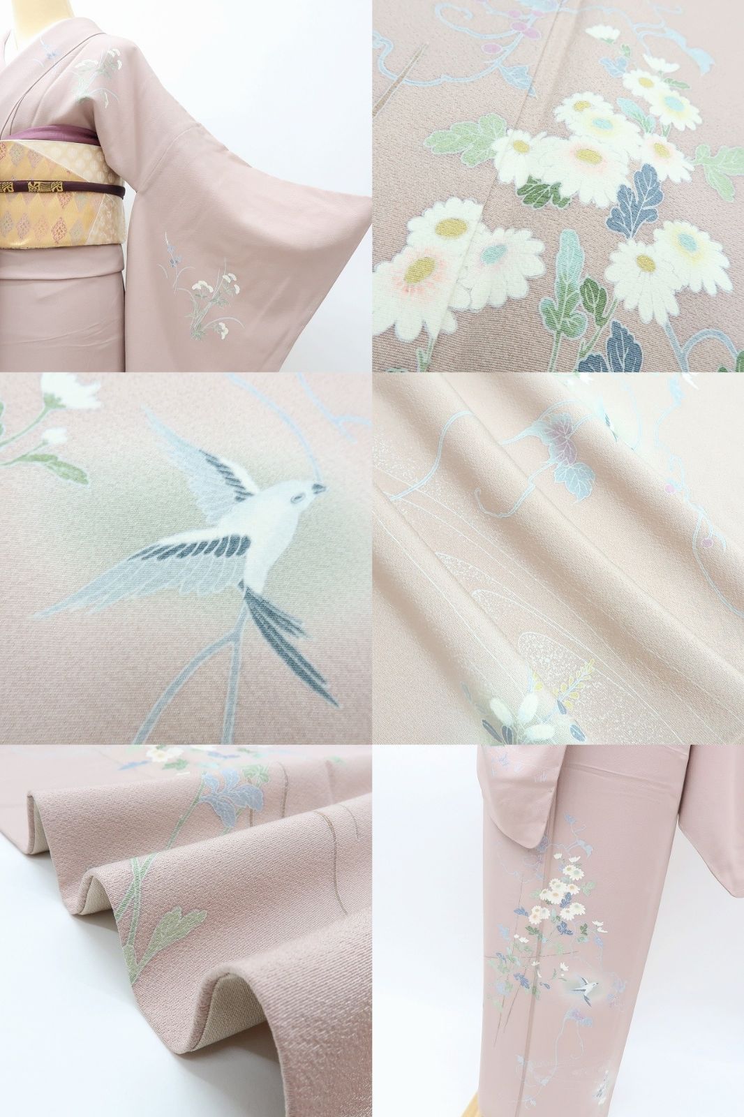 百華❀Y4044◇正絹 仕付け糸付 手縫い仕立て 菊 桔梗 鳥 訪問着 単品