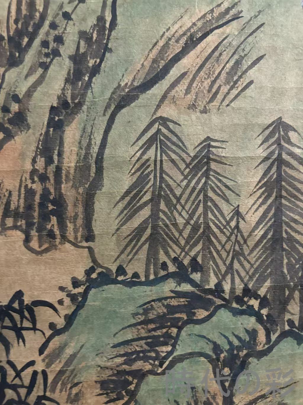 中国古美術.旧蔵.仇英印款.山水画.中堂画.純手絵.肉筆.三尺絹本.水墨画