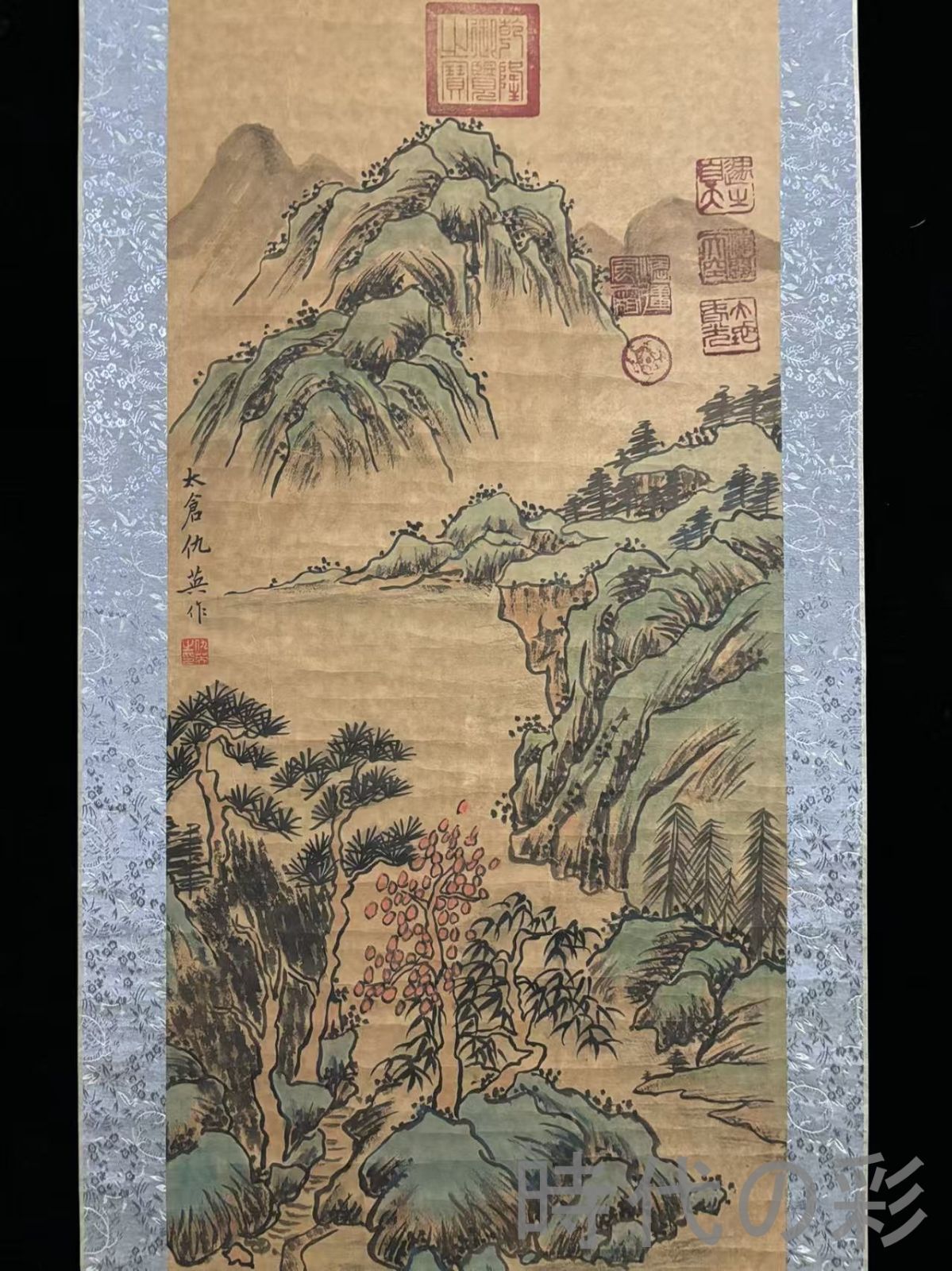 中国古美術.旧蔵.仇英印款.山水画.中堂画.純手絵.肉筆.三尺絹本.水墨画