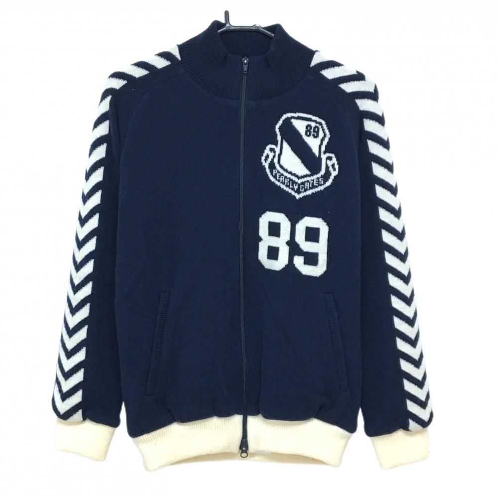 美品】パーリーゲイツ ニットジャケット ネイビー×白 ウール混 裏地