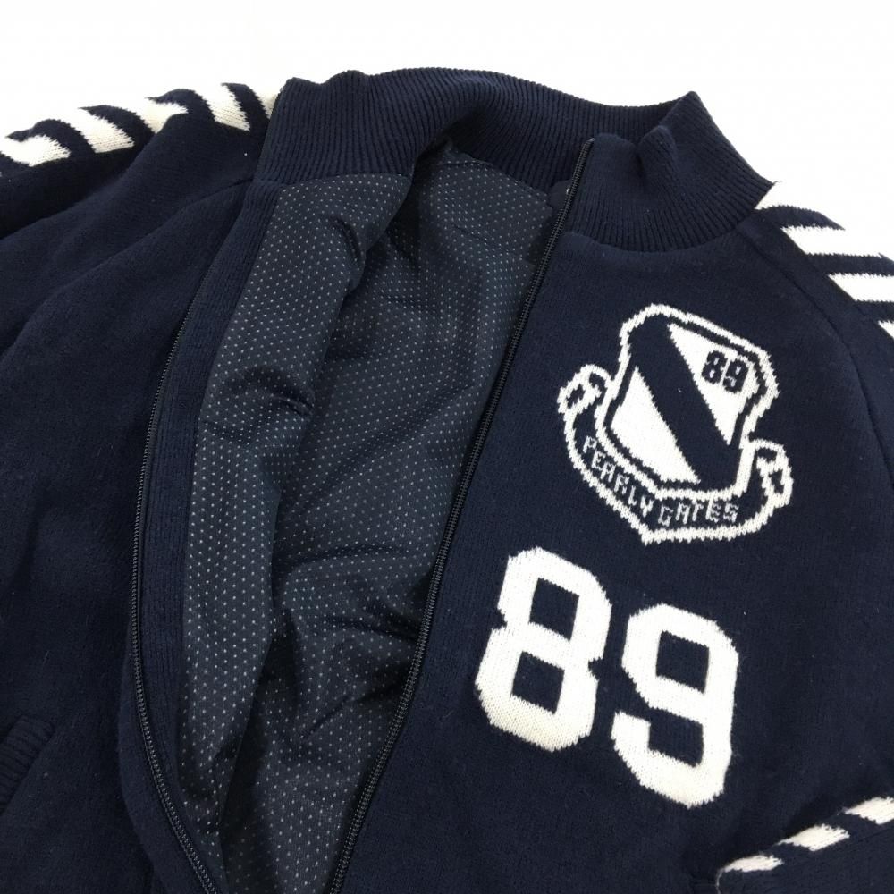 美品】パーリーゲイツ ニットジャケット ネイビー×白 ウール混 裏地
