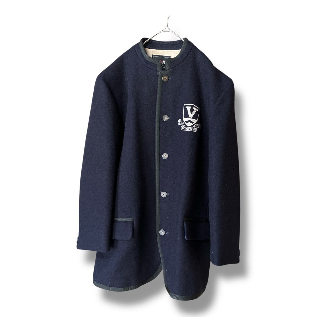 VAN JAC ヴァンヂャケット 80s ジャパン ビンテージ メルトンウール マオカラージャケット BigOne エンブレム刺繍 アウター 長袖 メンズ サイズF ネイビー 秋 ゴーゴー古着マルイファミリー溝口店 48 No.久K917Y
