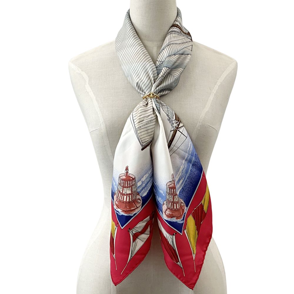 【HERMÈS】エルメス スカーフ カレ90 追い風 ヨット柄 オレンジ系 HERMÈS】エルメス スカーフ カレ90 追い風 ヨット柄 シオレンジ系