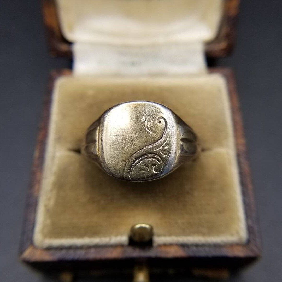 英国製 9金 シルバー925 ヴィンテージ シグネット リング 27.5号 JHW社製 英国 ヴィンテージ フローラル エッチング スクエア