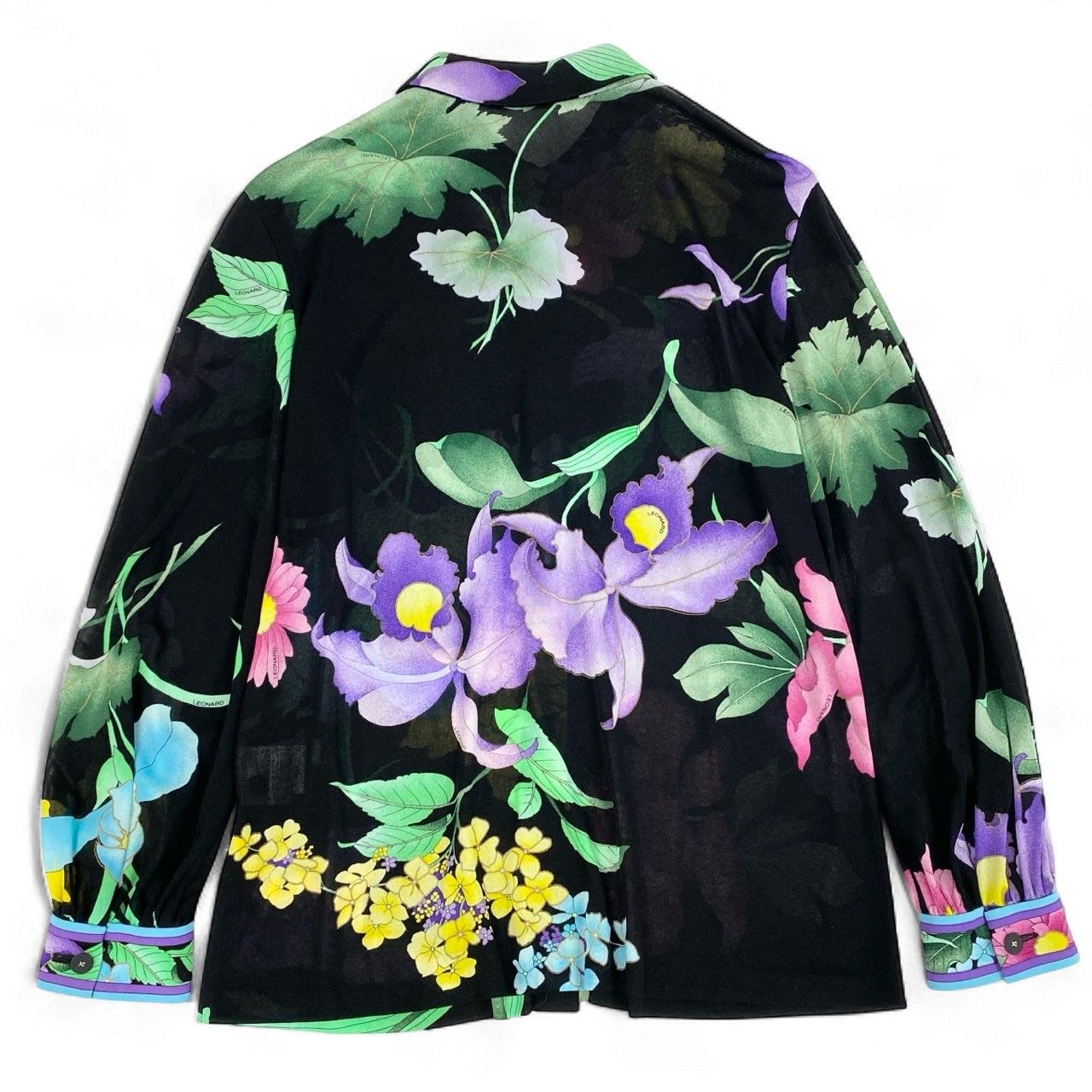 【美品】LEONARD レオナール カンカン 長袖 カットソー LL 花柄 黒 3k19《美品》 LEONARD FASHION レオナール 長袖シャツ シアーシャツ