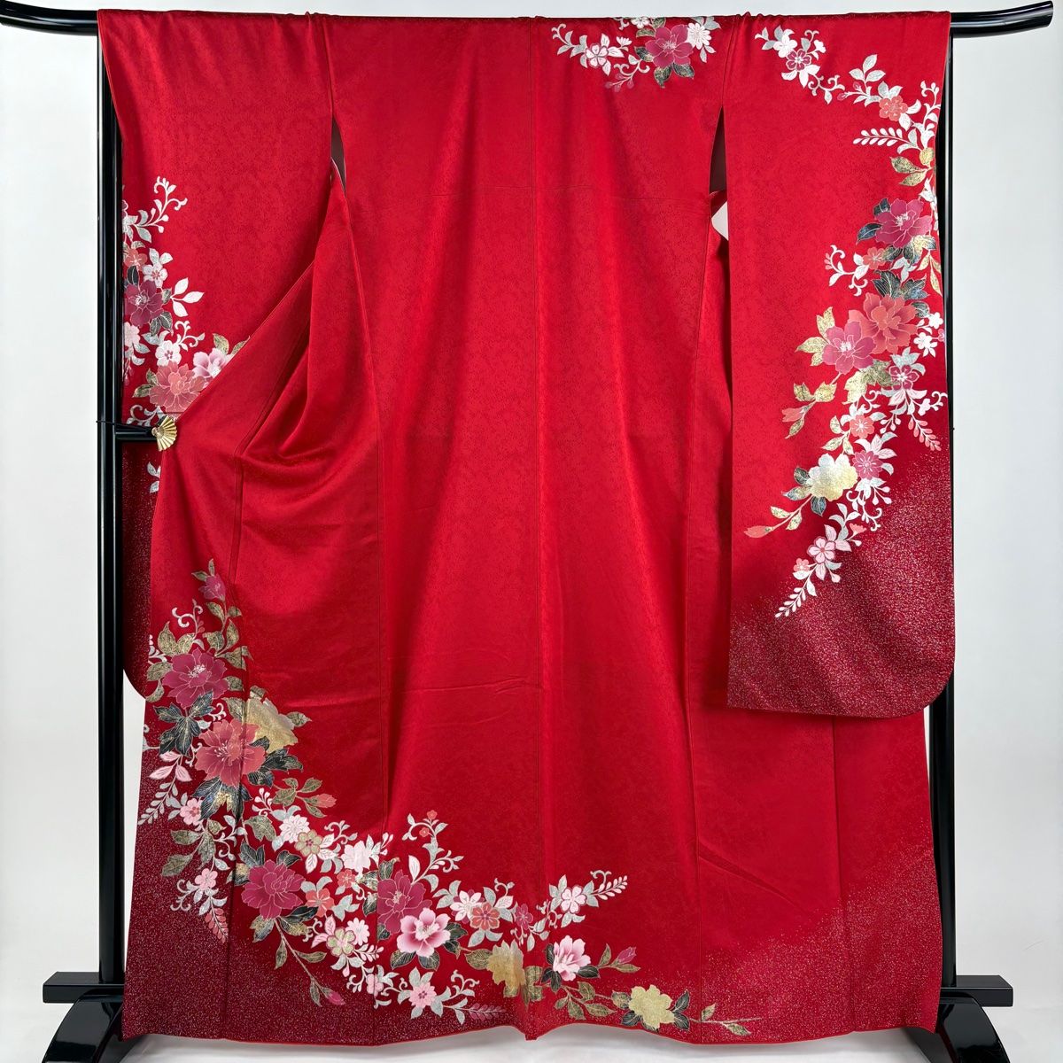 振袖 身丈165cm 裄丈67cm M 袷 牡丹 花唐草 金銀彩 ぼかし 赤 正絹 秀