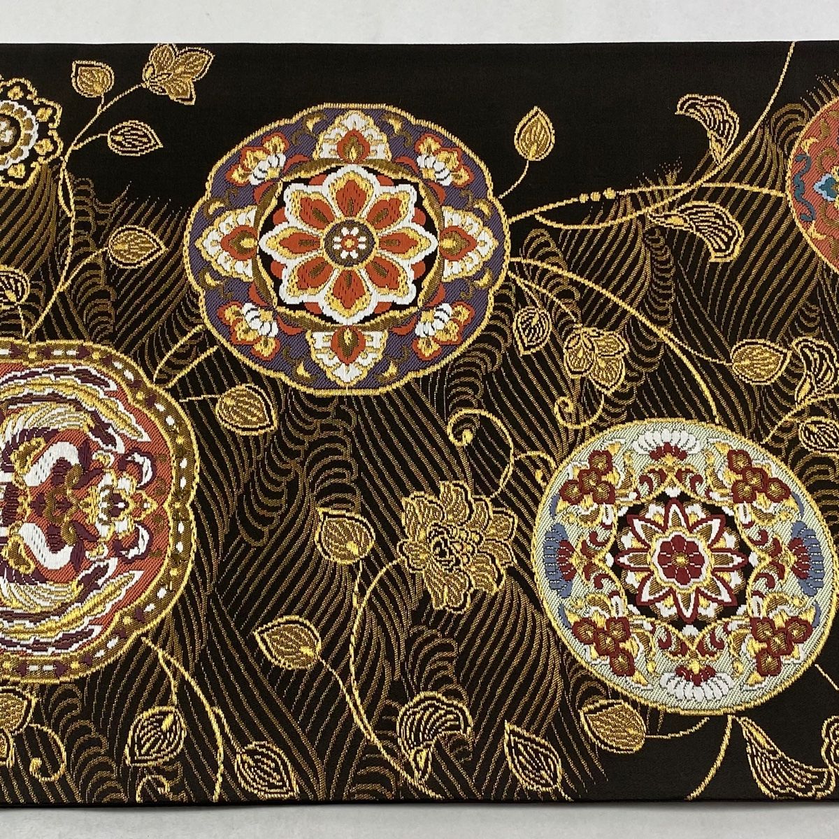 【美品】色金箔加工 唐草文様 袋帯 正絹 美品 袋帯 秀品 華文 草花 金銀糸 箔 金茶 六通 正絹 中古 : リユース