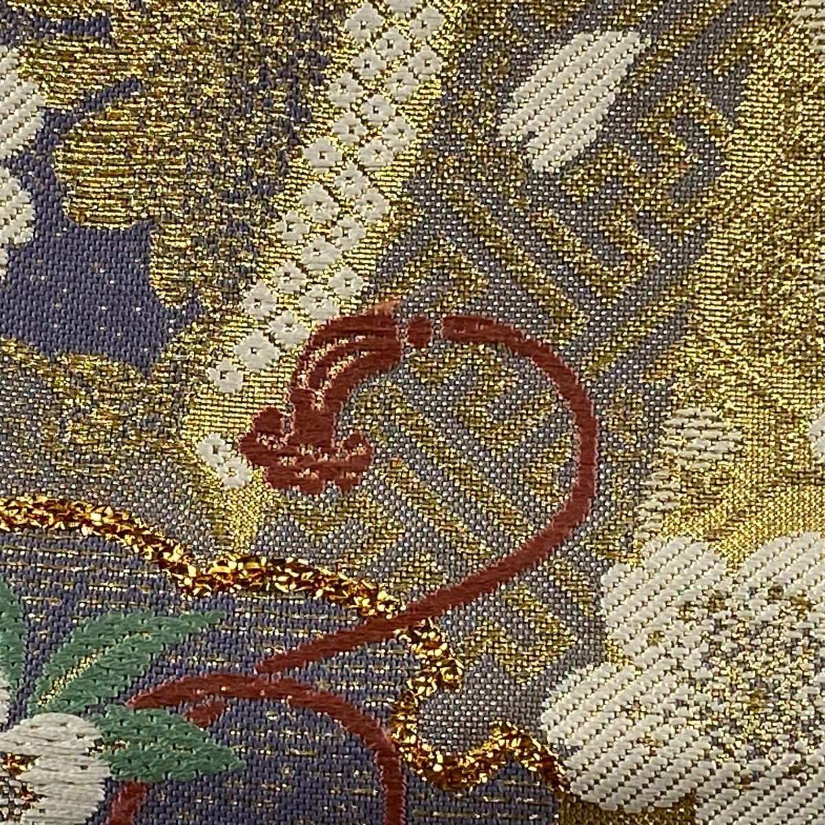 袋帯 秀品 振袖向き やまと 御所車 桜 箔 金糸 薄紫 六通 正絹 【中古