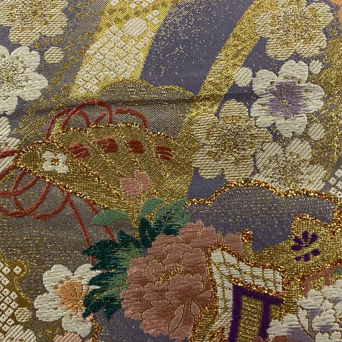 【帯付き】やまと製　正絹　振袖　金箔　御所車に花柄　袋帯付き 袋帯 秀品 振袖向き やまと 御所車 桜 箔 金糸 薄紫 六通 正絹 【中古