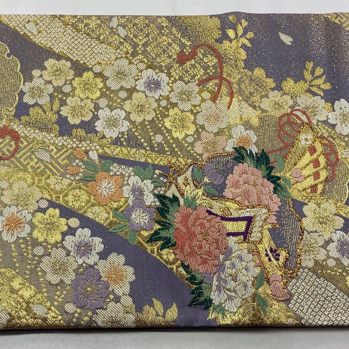 袋帯 秀品 振袖向き やまと 御所車 桜 箔 金糸 薄紫 六通 正絹 【中古