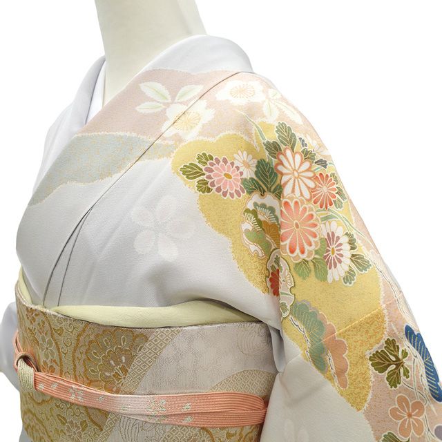 未使用 京友禅 雪輪 花柄 訪問着 袷 金彩 紫 オレンジ ベージュ 1391 未使用 京友禅 雪輪 花柄 訪問着 袷 金彩 紫 オレンジ ベージュ 1391