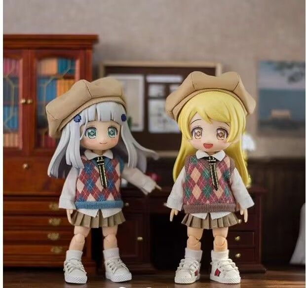 爆買い，高品質 オビツ11 学生制服 オビツ11衣装 制服 5点セット ベレー帽+Yシャツ+ネクタイ+ニットベスト+スカート　ねんどろいどどーる ドール服 オビツコスチューム ドール衣装 ドール 11 ob11 着せ替え用衣 その他