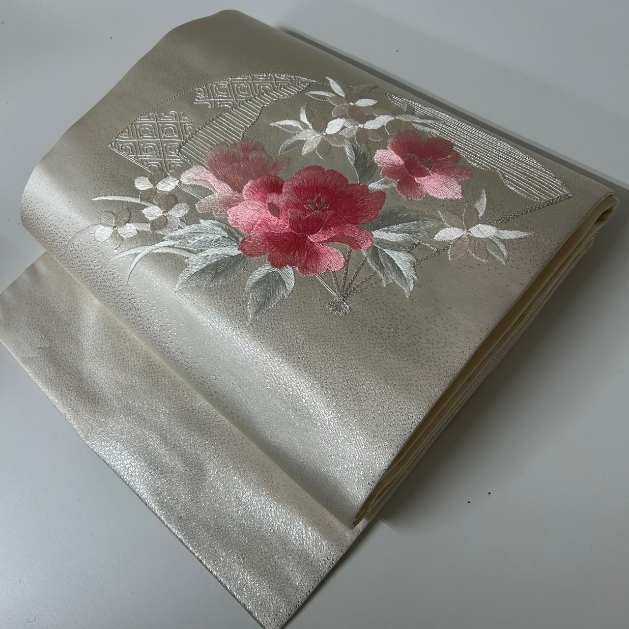 名古屋帯 刺繍 扇に花柄 三松オリジナル 九寸 正絹 着物 MA-1185 