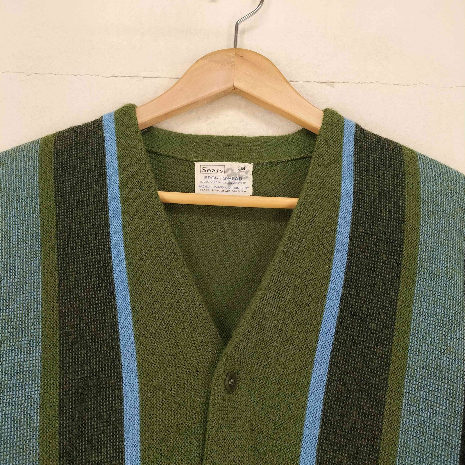シアーズ Sears 70s シェルボタン ストライプアクリルカーディガン